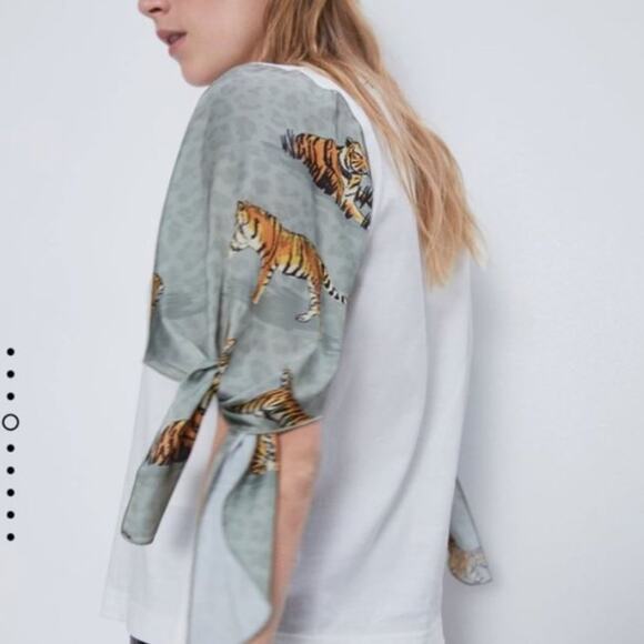 Zara Tops - Zara Top Balloon Silky Tiger Sleeves White T-Shirt Green Safari